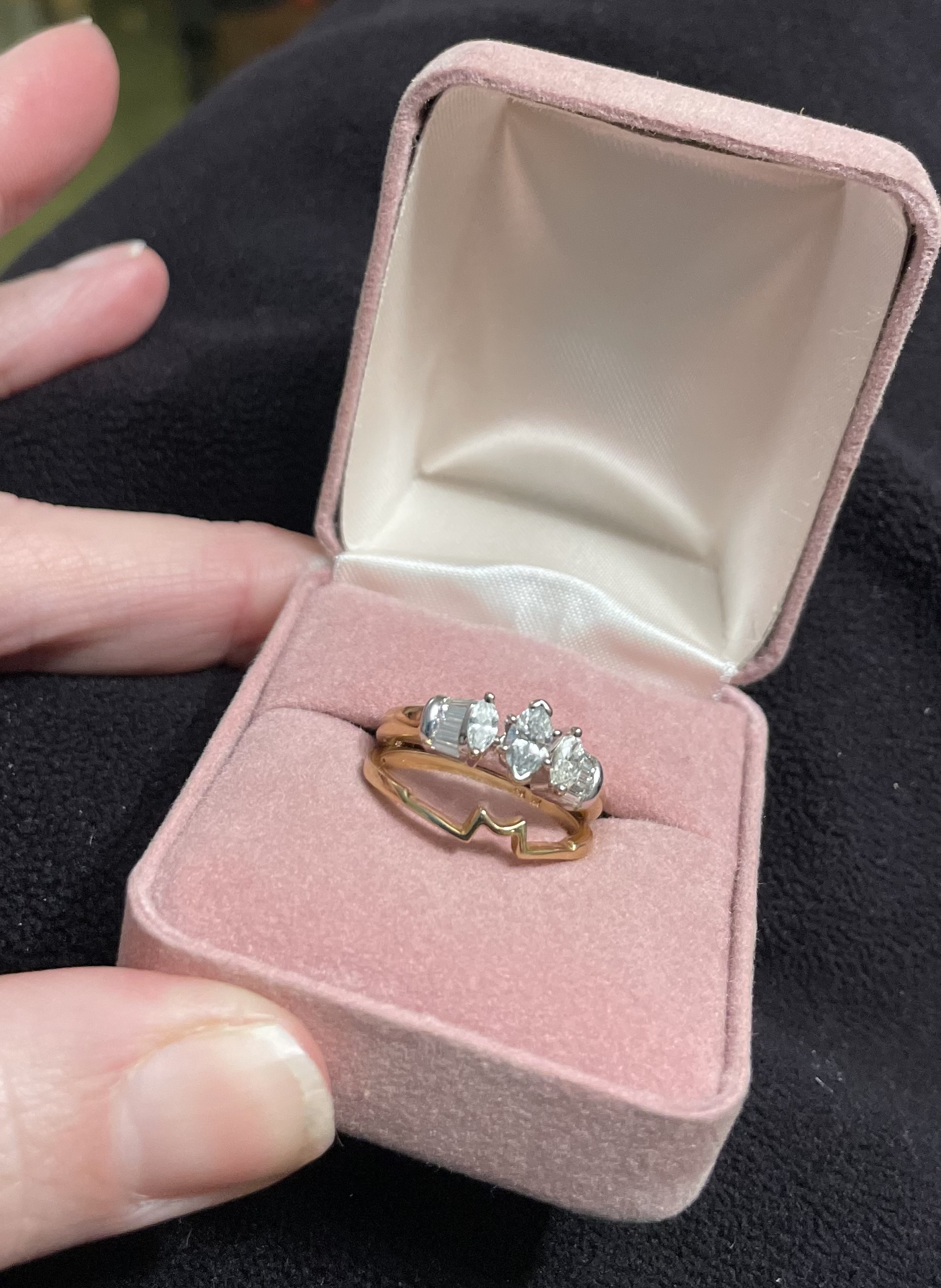 Wedding set is 7.5 size /14k two tone gold with Natural baguette and marquee diamonds and Band. The band is aprox 1.6 g of gold and the ring is app...